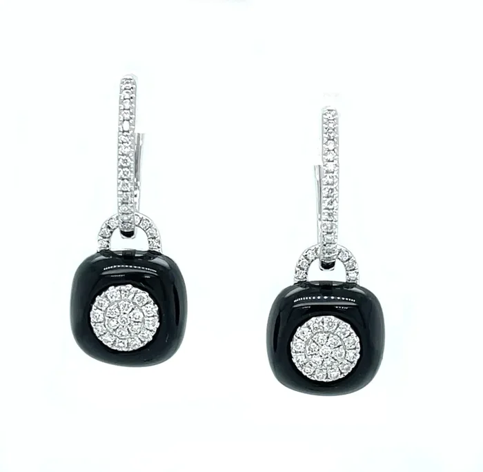Black Onyx & Diamond, 18k White Gold Dangle Earrings