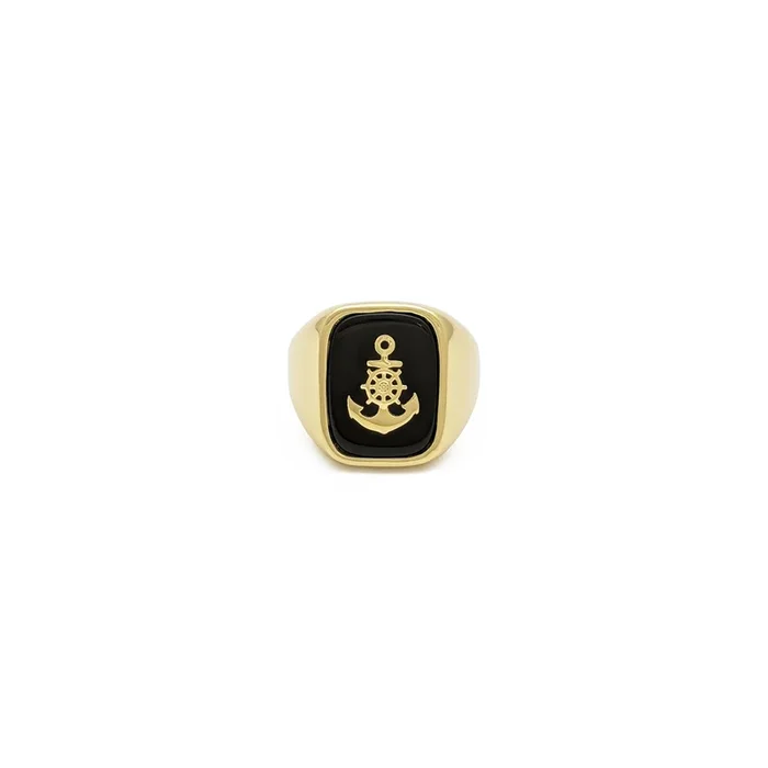 Black Onyx Anchor Signet Ring (14K)