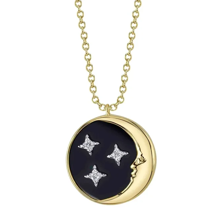 Black Onyx Crescent Moon & Star Circle Necklace