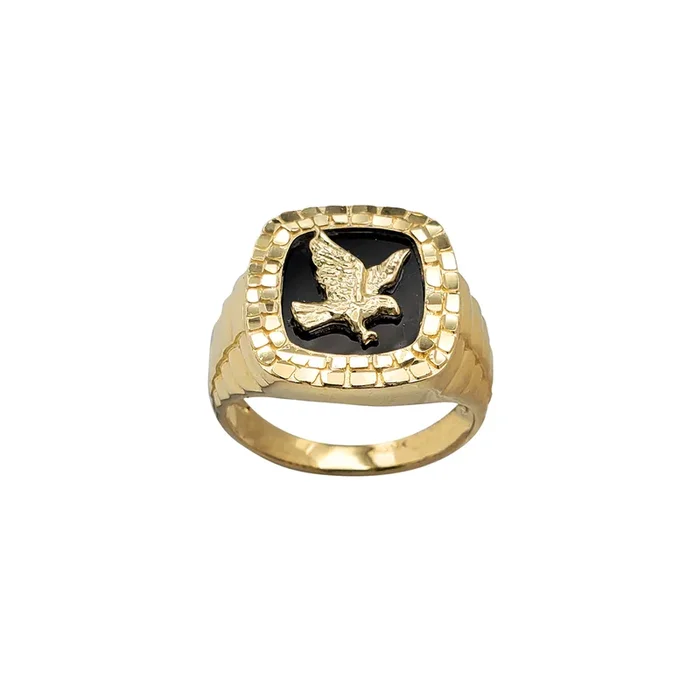 Black Onyx Eagle Nugget Textured Men’s Ring (14K)
