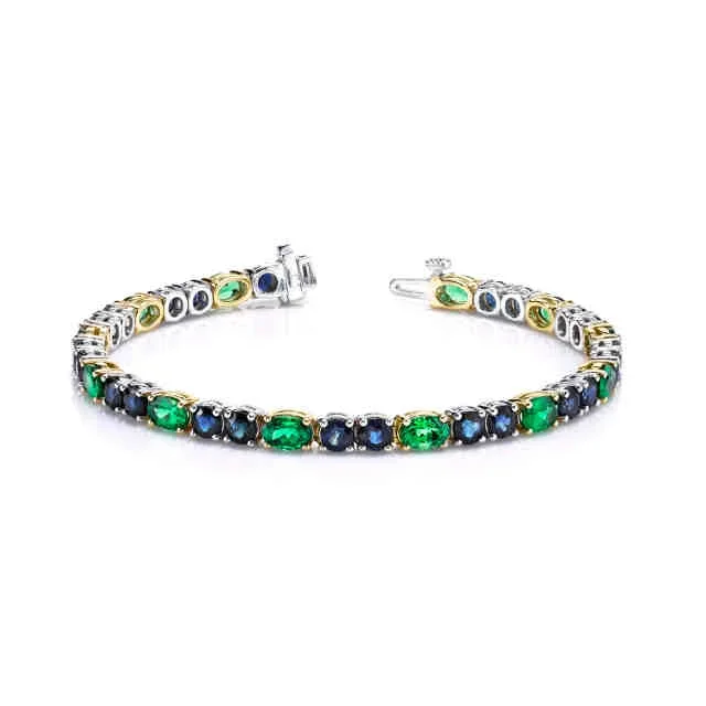Blue Sapphire & Green Tsavorite Garnet, Yellow and White Gold Tennis Bracelet