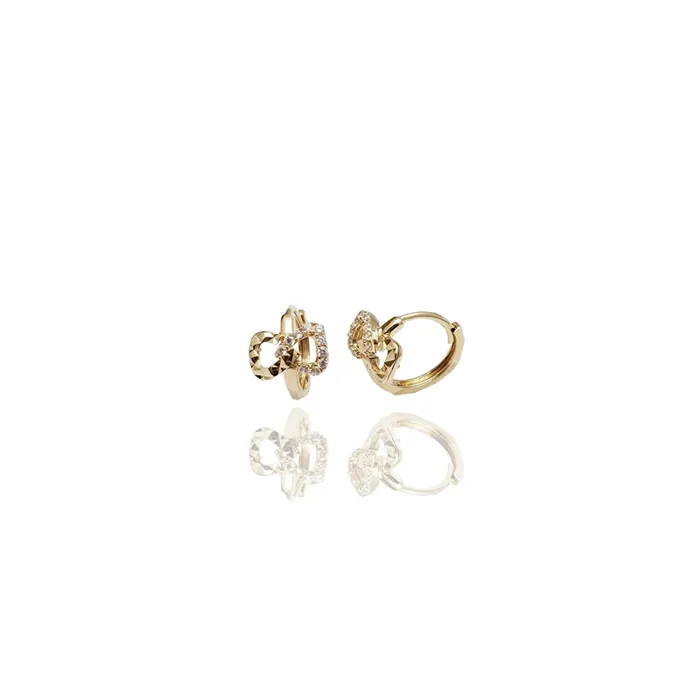 Bow Tie CZ & Diamond-Cut Huggie Earrings (14K)