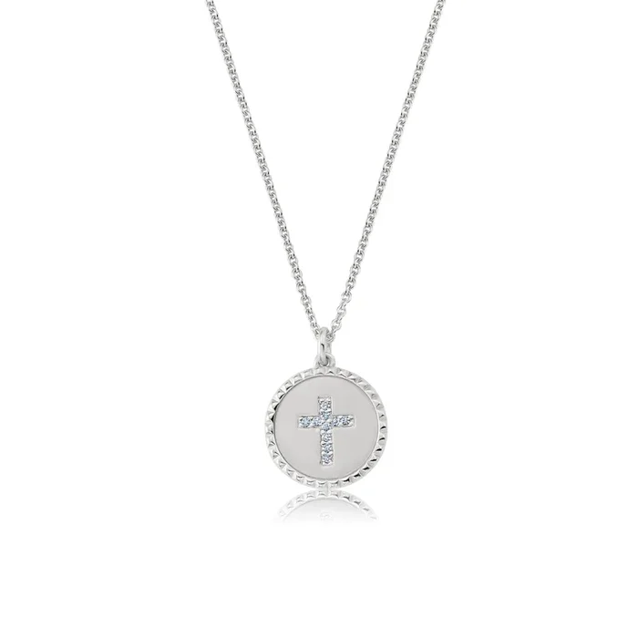 Brilliant Round Cross Medallion Necklace Finished in Platinum