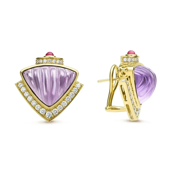 Caviar Gold 18K Gold Amethyst Cabochon & Ruby Diamond Earrings