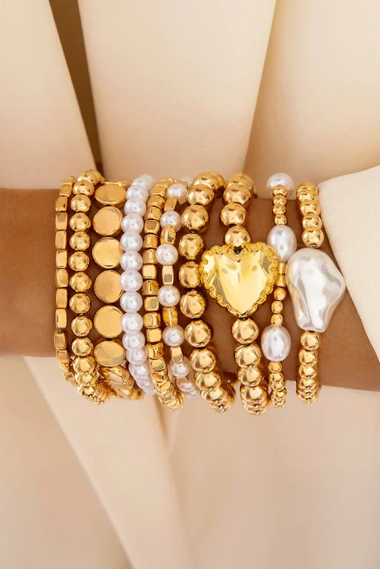 Chic Women’s Gold-Plated Pearl Beaded Bracelet Set – 10 Elegant Pieces for Versatile Fashion Styles and Outfits