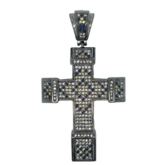 Chunky Blue & Yellow & White CZ Cross Iced Out Pendant