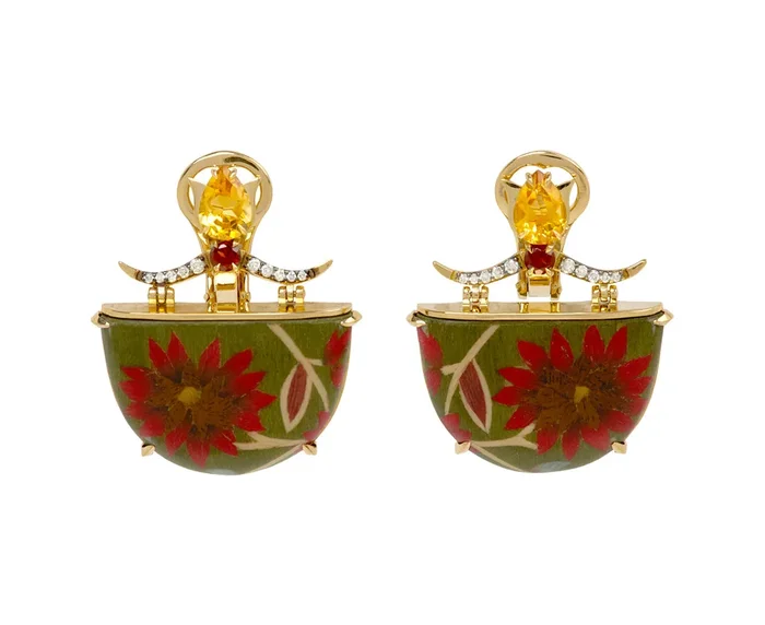 Citrine and Kashmir Flower Marquetry Half Moon Earrings
