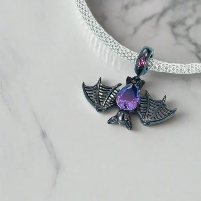 Cool Black Bat with Rainbow Pear-Cut Stone Charm