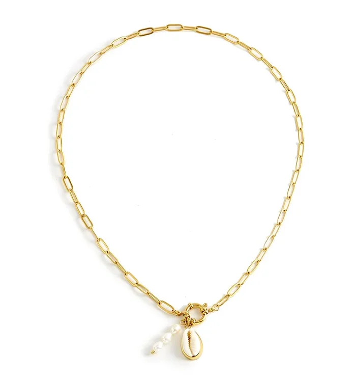 Cowrie & Pearl Paperclip Necklace