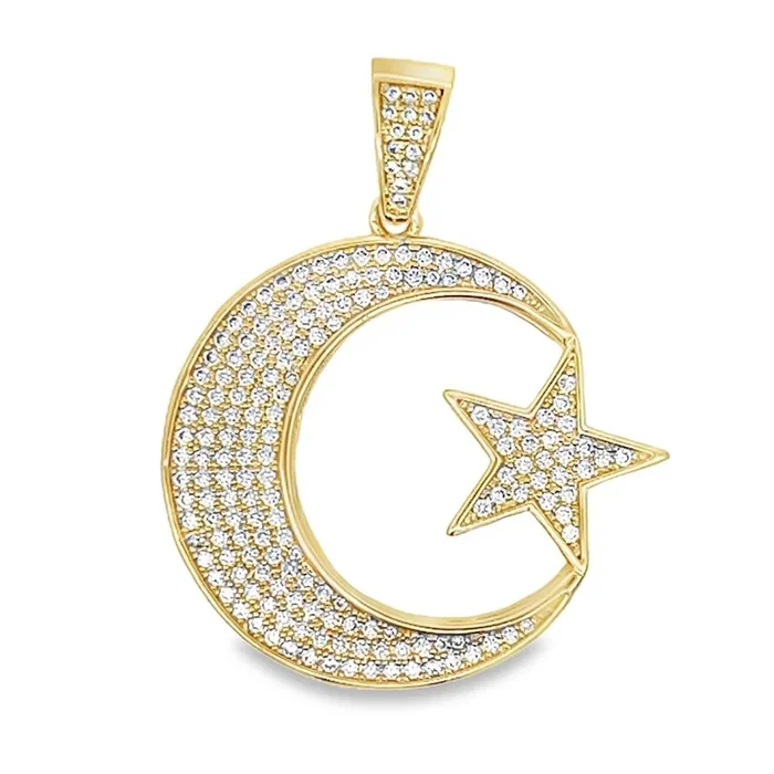 Crescent Moon Star Gold CZ Iced Out Pendant