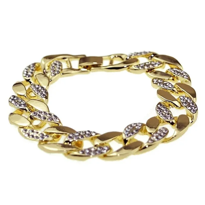 Cuban Link Iced Half Stone Gold Finish Bling Bracelet 8″