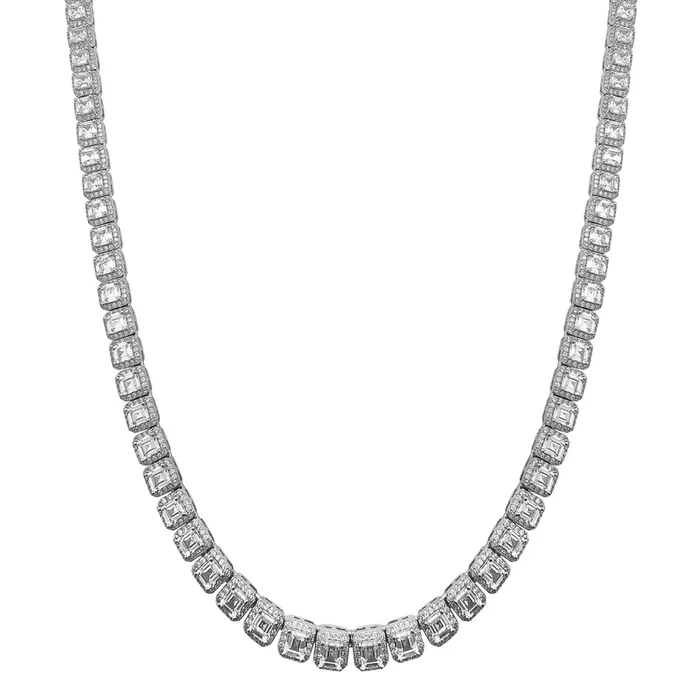 Cushion-Cut Halo Link Tennis Chain (Silver)