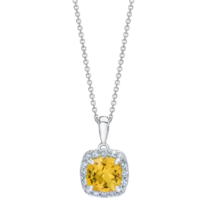 Cushion Shaped Citrine & White Topaz Halo Pendant set in 925 Silver