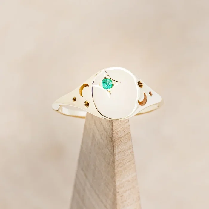 CUSTOM ENGRAVED CLASS SIGNET RING WITH A LAB-GROWN EMERALD ACCENT