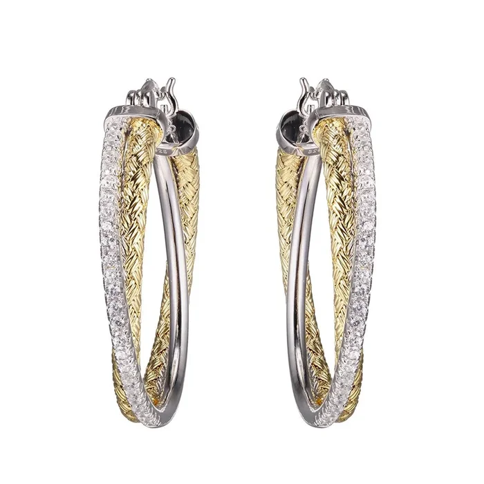 CZ Gold-Plated Silver Crossed Mesh 35mm Hoop Earrings