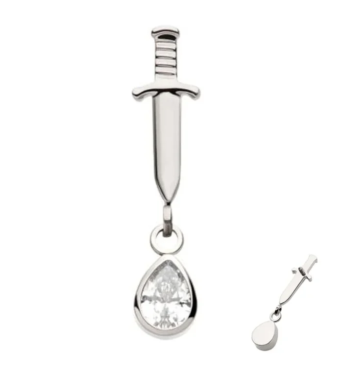 Dagger Dangle Teardrop Clear CZ Internally Threaded Top