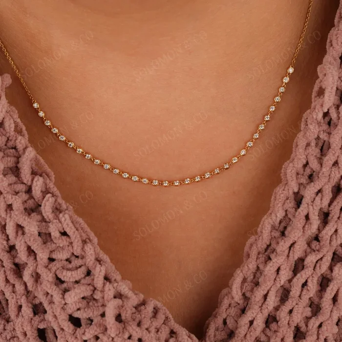 Dainty Round Diamond Line Bezel Set Necklace in 14k Gold