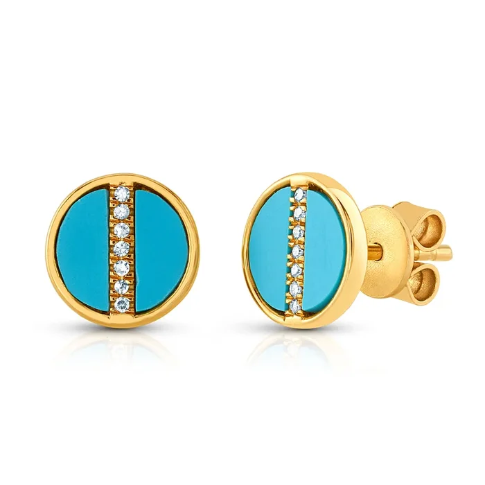 DIAMOND & TURQUOISE DISC STUDS, 14kt gold