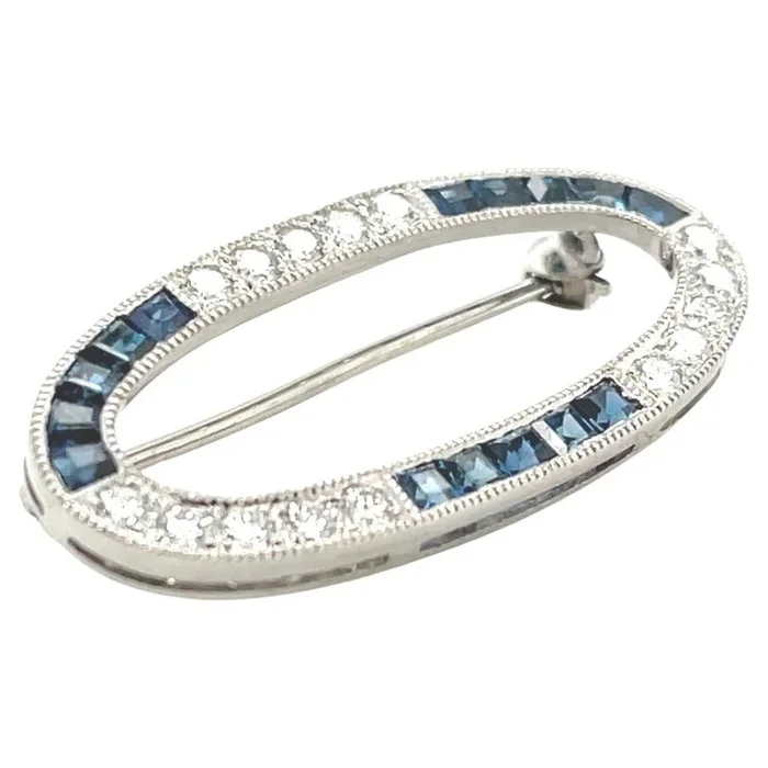Diamond and Blue Sapphire Brooch in Platinum .90 Carats Total Art Deco Style