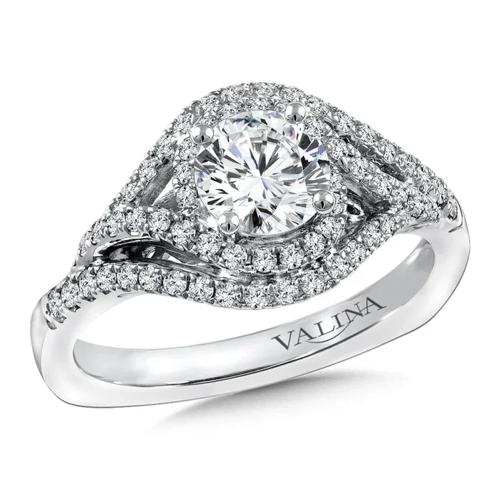 Diamond engagement ring mounting with two-tone “love” letters in rose gold and side stones set in 14k white gold.