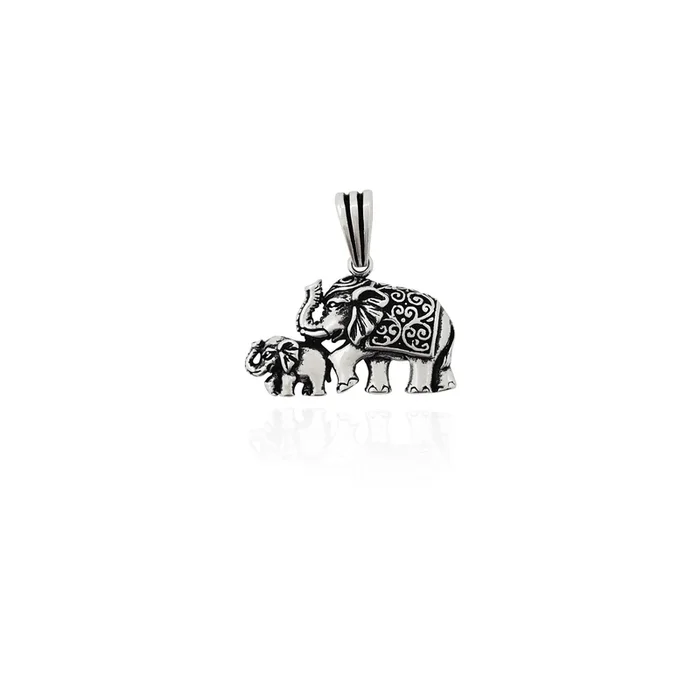 Elephant Calf & Mom Pendant (Silver)