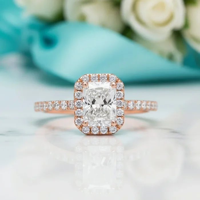 Elongated Classic Rose Gold Halo Diamond OptionRadiant Cut Engagement Ring