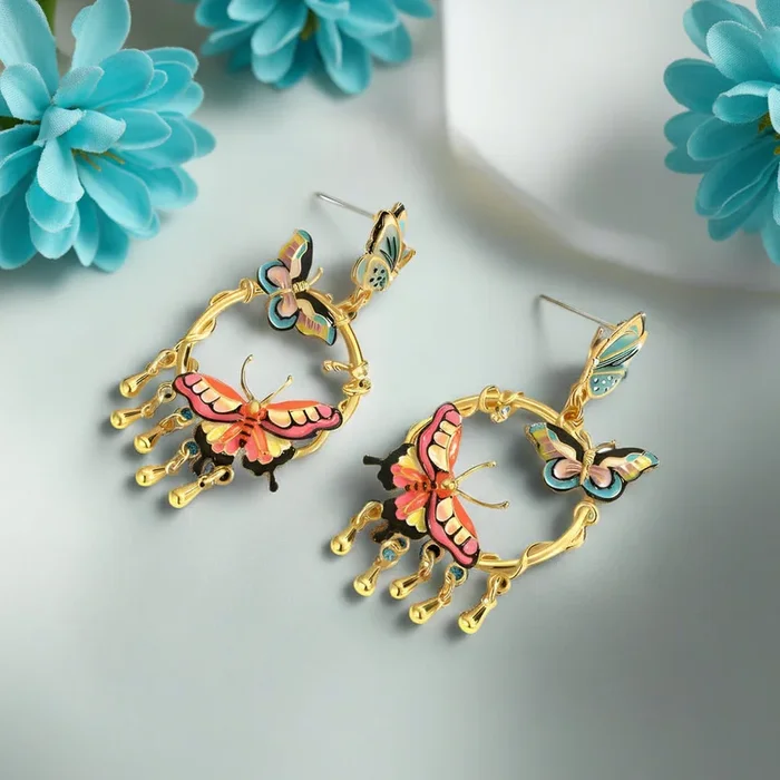 Enamel Butterfly Tassel Earrings