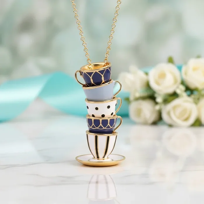 Enamel Diamond OptionTeapot and Teacup Necklace