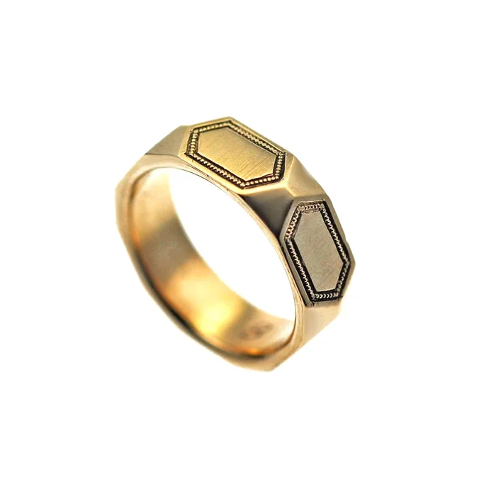 Engraved Hexagon Gold Men’s Wedding Ring