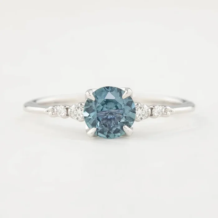 Estel Fleur 4 Prong Ring, 0.95ct Light Teal Blue Montana Sapphire, 14k White Gold (One of a kind)