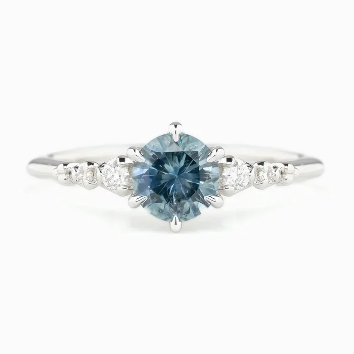 Estel Fleur Six Prongs Ring 0.94ct Light Blue Green Montana Sapphire, 14k White Gold (One of a kind)
