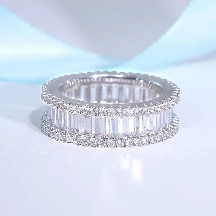Eternity Style Ring with Baguette Center Row and Double row Round Stones Upscale S925 with VVS Men Women