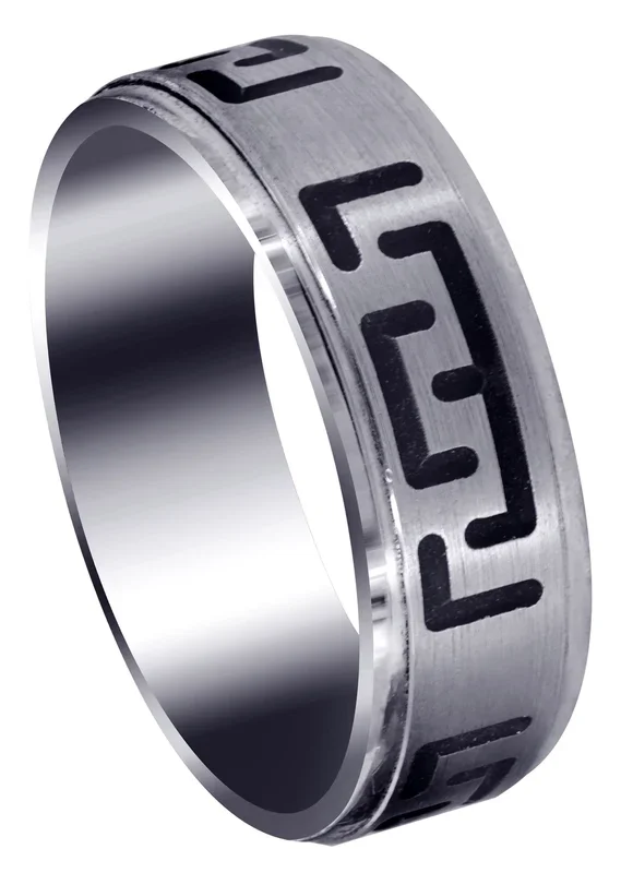 Fancy Carved Contemporary Mens Wedding Band | Satin / High Polish Finish (Adrian)