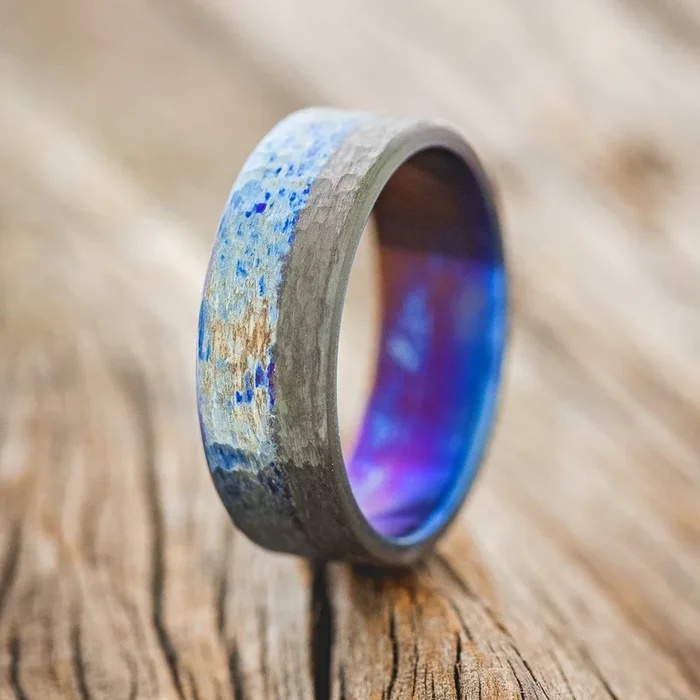 FIRE-TREATED TITANIUM WEDDING RING WITH BLACK ZIRCONIUM OVERLAY & HAMMERED FINISH – READY TO SHIP
