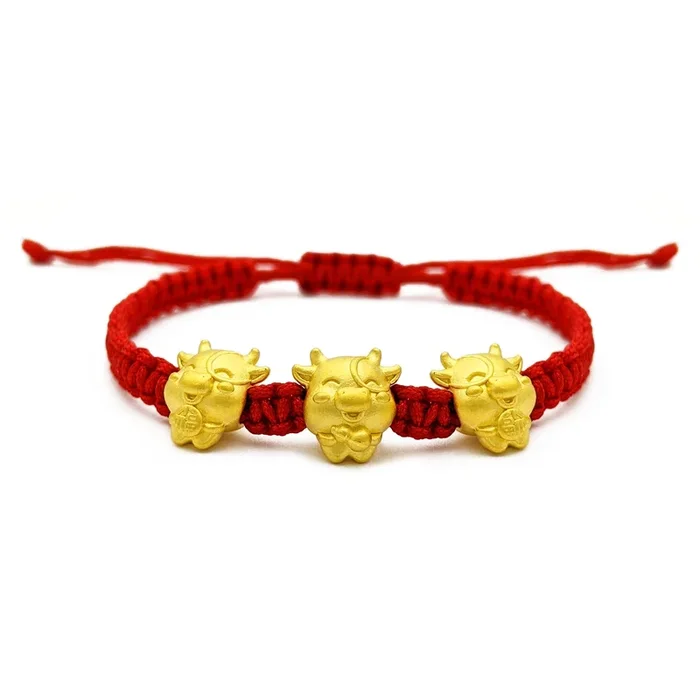 Fortune Ox Triplet Chinese Zodiac Red String Bracelet (24K)