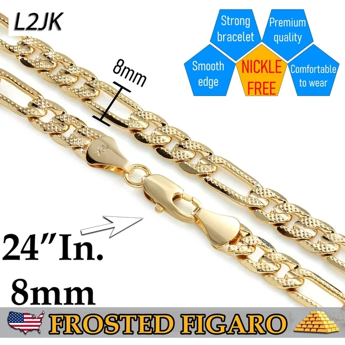 FROSTED 8 MM/24″ FIGARO LINK CHAIN NECKLACE 14K REAL GOLD FILLED