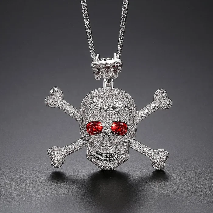 Full CZ Giant Ruby Eyes White Gold Plated Pirate Symbol Pendant