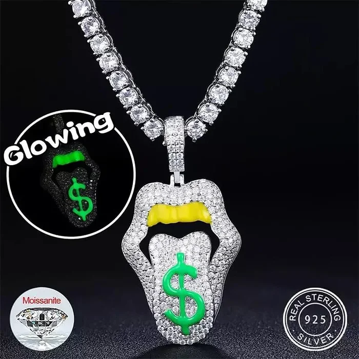 Glow In The Dark S925 Moissanite Lip Mouth Dollar Pendant