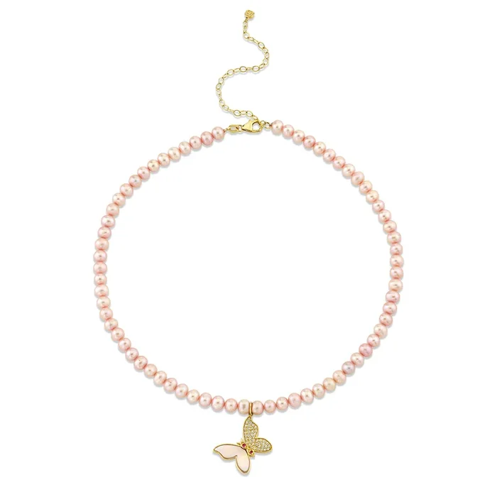 Gold & Diamond Wicked Glinda Inlay Butterfly Pearl Necklace