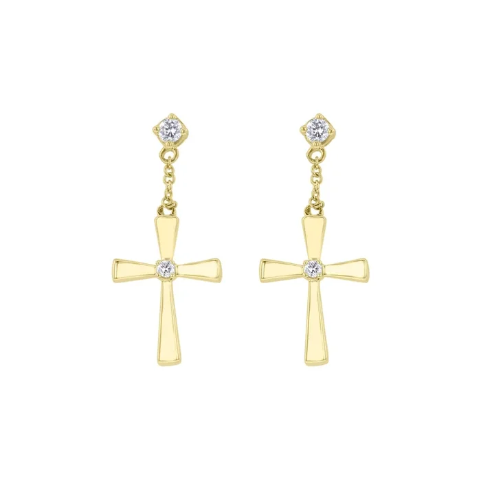 Gold Cross Diamond Drop Earrings