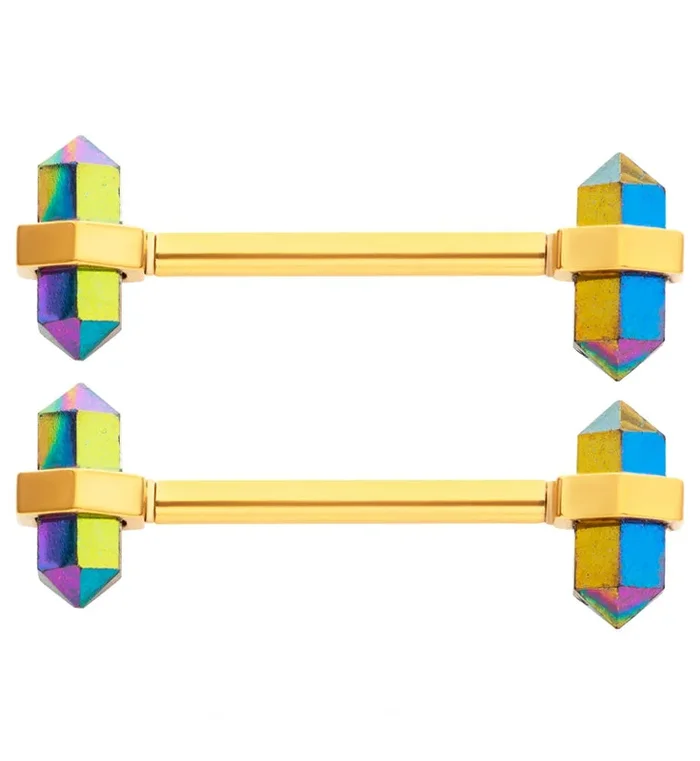 Gold PVD Apex Rainbow Crystal Internally Threaded Nipple Barbell