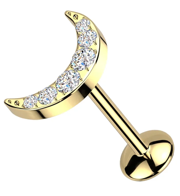 Gold PVD Crescent Moon Clear CZ Titanium Convex Disk Labret