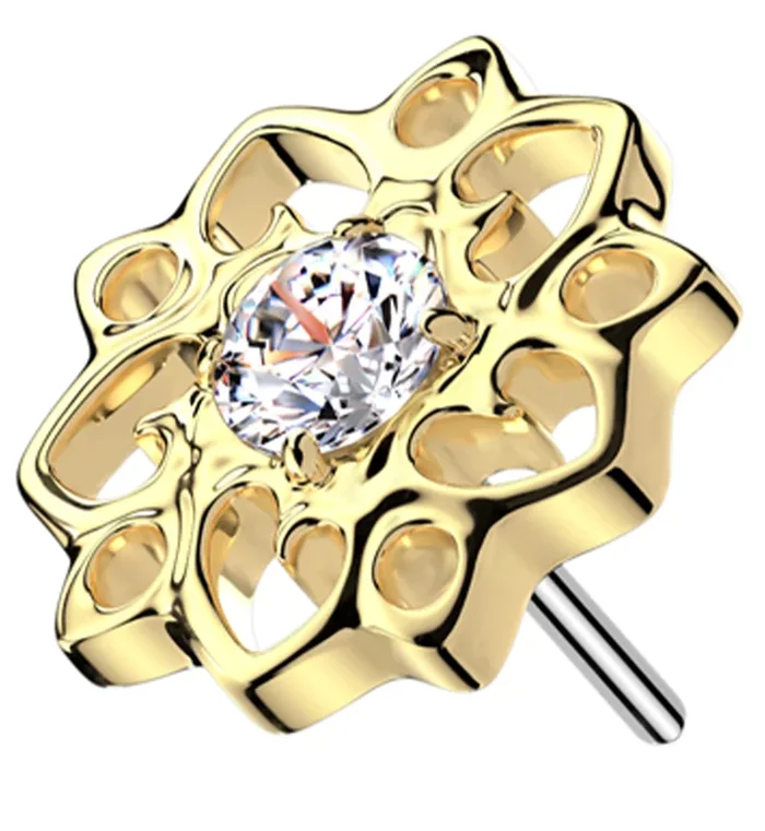 Gold PVD Flower Whimsy Clear CZ Threadless Titanium Top