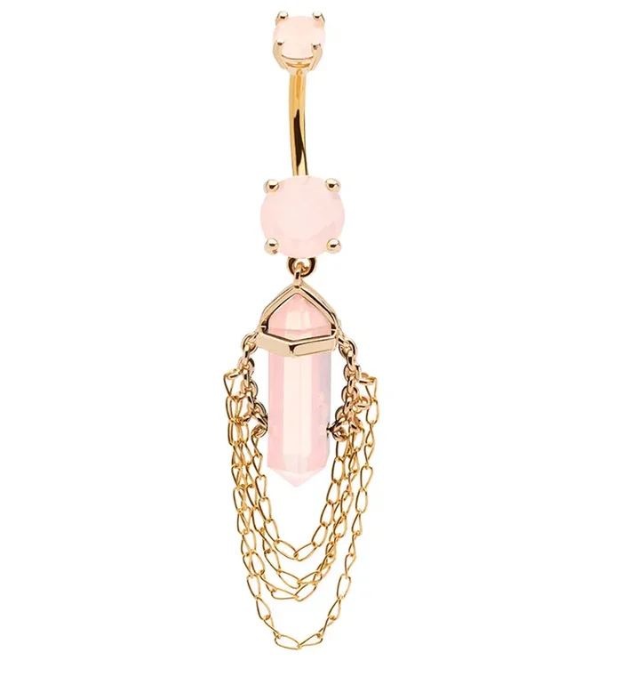 Gold PVD Pink Crystal Multi Dangle Chain Stainless Steel Belly Button Ring