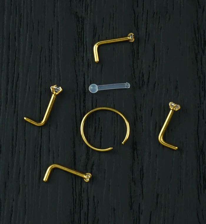 Gold PVD Prong Clear CZ Stainless Steel L Bend/Stud/Hoop Nose Ring Pack (6 Pc)