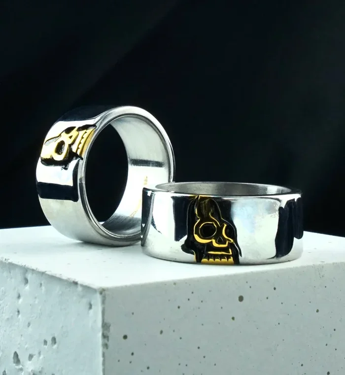 Golden Riven Skull Stainless Steel Ring