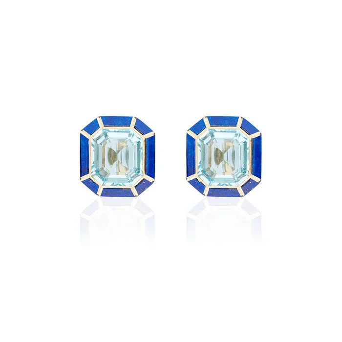 Goshwara Blue Topaz & Lapis Lazuli Inlay 18K Gold Stud Earrings