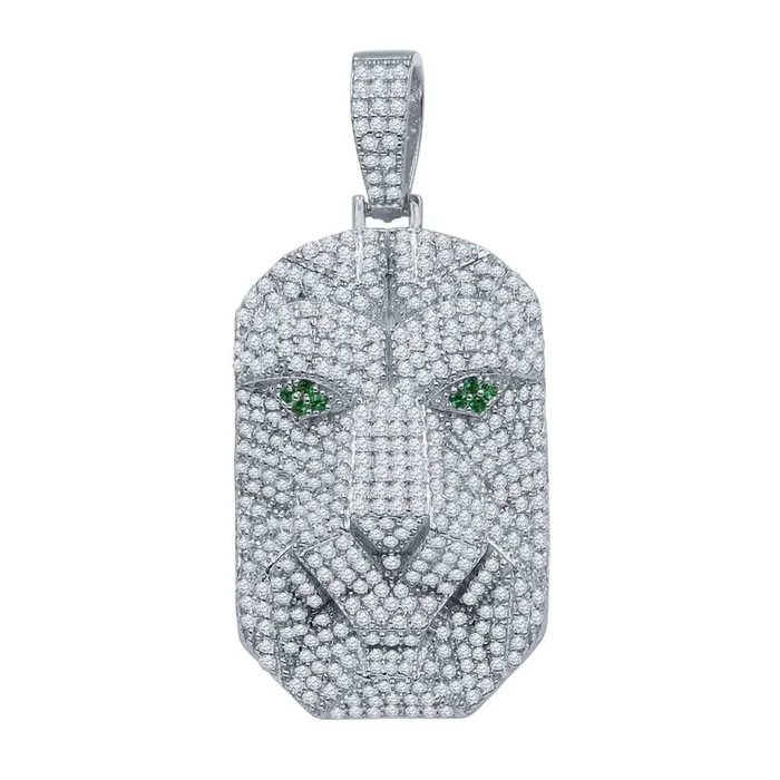 Green Eye Tiger CZ Iced Out Pendant .925 Sterling Silver