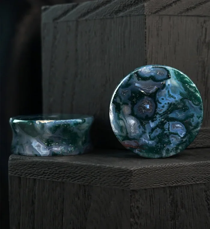 Green Moss Agate Stone Plugs (1 & 1/8″ – 28mm) Version 1