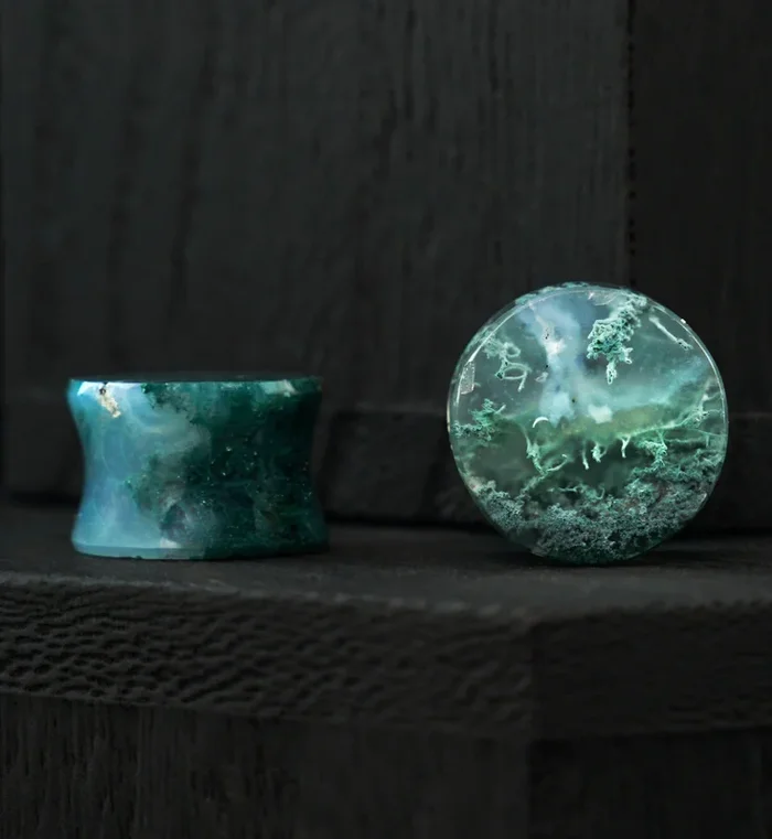 Green Moss Agate Stone Plugs (1/2″ – 13mm) Version 2